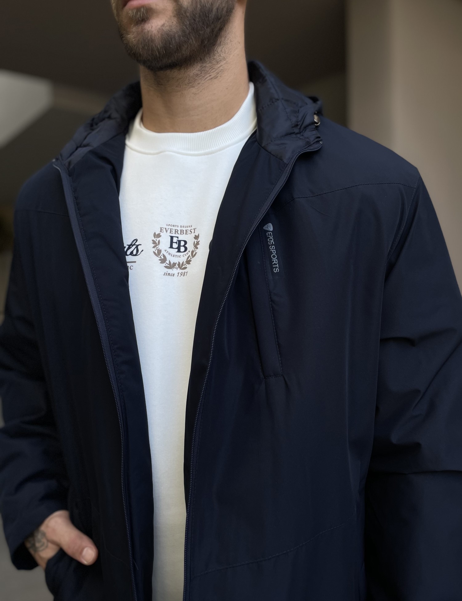 Ανδρικό μπλε μπουφάν ίσιο με κουκούλα Plus Size EP472 φωτογραφία